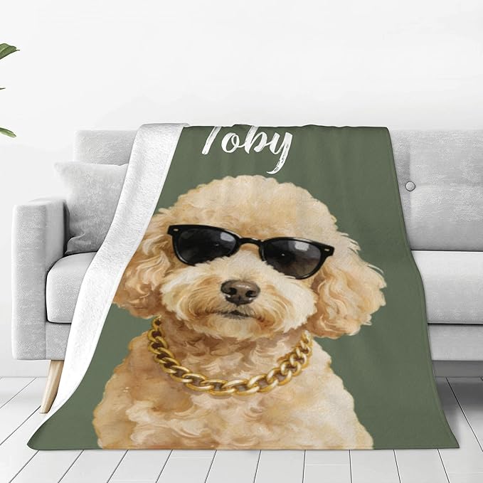 Custom Pet Portrait Blanket Personalized Fleece Throw Blankets with Dog Cat Watercolor Photo & Name Cute Cozy Soft Warm Unique Gift Ideas for Pets Lover Dog's Dad Mom