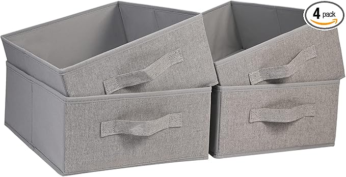 JAKAGO Fabric Storage Bins set of 4 Rectangle Storage Baskets with Handle Foldable Closet Organizer for Clothes Towel bedding Books Collapsible Clothing Container for Shelves Bedroom(Gray Low)