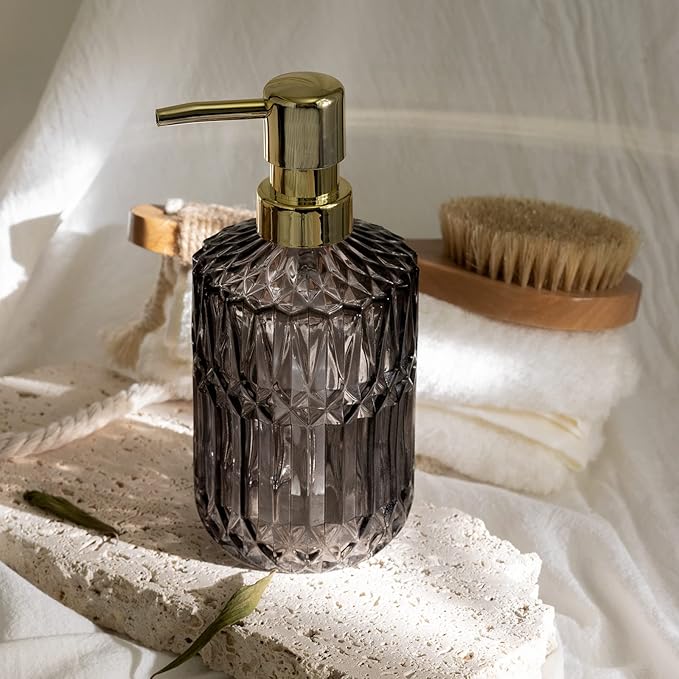 EMPO Clear Crystal Glass Soap Dispenser with ABS Plastic Pump, Lotion Dispensers for Kitchen, Bathroom (Grey)