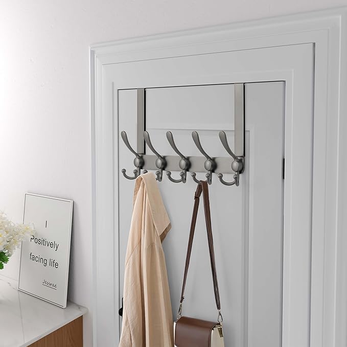 Dseap Over Door Hook 2.0 - Upgraded Version - Simple-Assembly, Strong, Heavy-Duty Stainless Steel 5-Tri-Hook Over The Door Hanger Rack, SimpleStrong Series, Grey