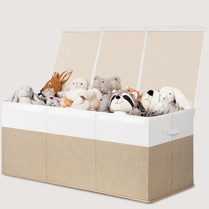 INDRESSME 185L Extra Large Toy Box, Toy Storage Organizer Collapsible Storage Bins with Lids Toy Chest for Playroom, Living Room, Toy Baskets Storage Kids, Boys Girls 39" x 17" x 17" (Beige & White)