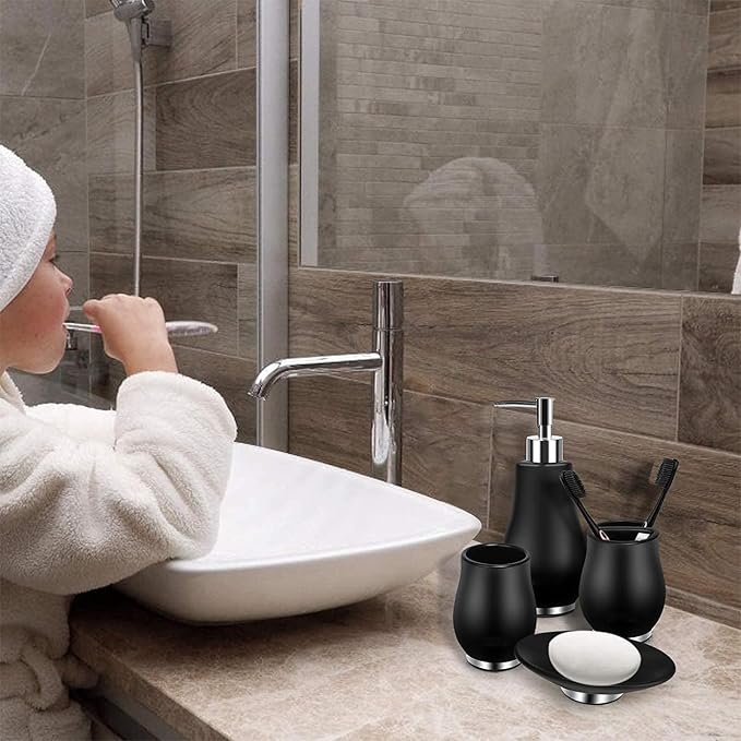 Bathroom Accessories Set 4 Pcs Toothbrush Holder Soap Dispenser Ceramic Bathroom Accessory Set with Toothbrush Cup Soap Dish Tumbler Black
