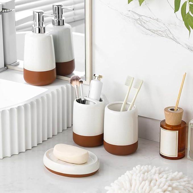 MALACASA Ceramic Bathroom Accessories Sets, 4 PCS,Soap Dispenser, Toothbrush Holder, Toothbrush Cup and Soap Dish, Durable Bathroom Sink Set for Modern Home Decor,Gift Set, Khaki White
