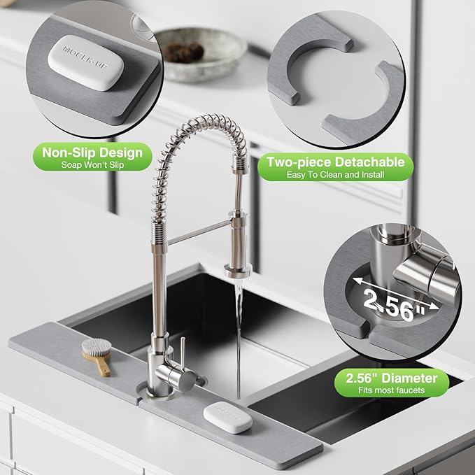 23.6" x 4" Stone Faucet Mat for Kitchen Sink, Quick Drying Diatomite Sink Tray, Faucet Sink Splash Guard for Prevents Moisture Buildup (Light Gray)