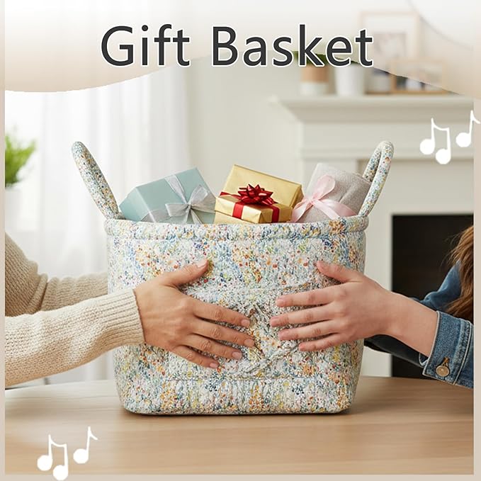 Quilted Fabric Storage Basket with Handles & Pocket, Foldable Laundry Hamper Boho Floral Print Organizer Bin for Home, Picnic, Office 12"x10"x10" (A-3)