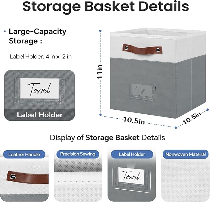 6-Pack Storage Cubes with Handles & Label Holders Basket, Closet Cube Home Organizer Bins(White/Dark Grey, 10.5*10.5*11 inch)