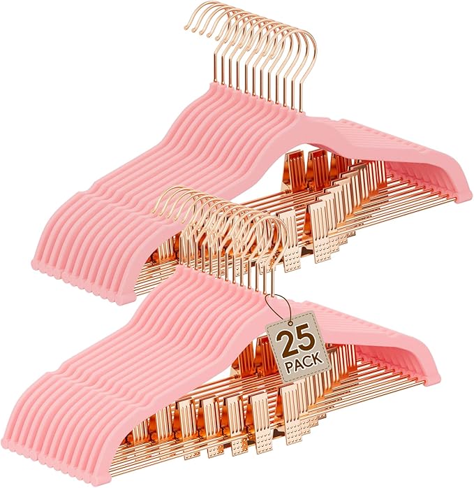 Velvet Hangers with Adjustable Clips 25 Pack, Space Saving, Non-Slip Slim Felt Clothes Hangers for Pants, Skirts, Dress, Suits, Heavy Duty Rose Gold Metal Hanger with 360° Swivel Hook (Pink)