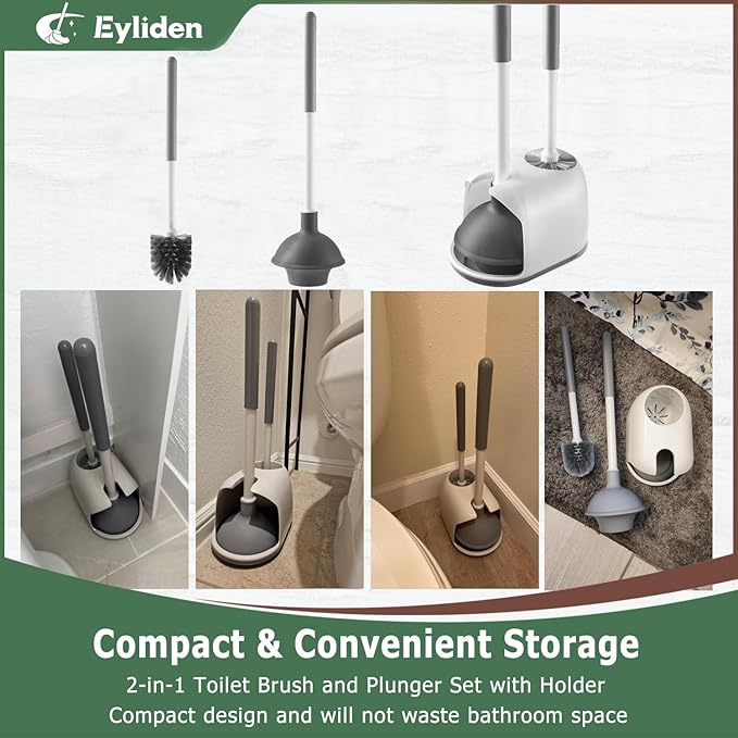 Eyliden Toilet Plunger and Brush, 2 in 1 Toilet Bowl Brush Plunger Set with Holder, Bathroom Cleaning Tools Combo with Caddy Stand (White)