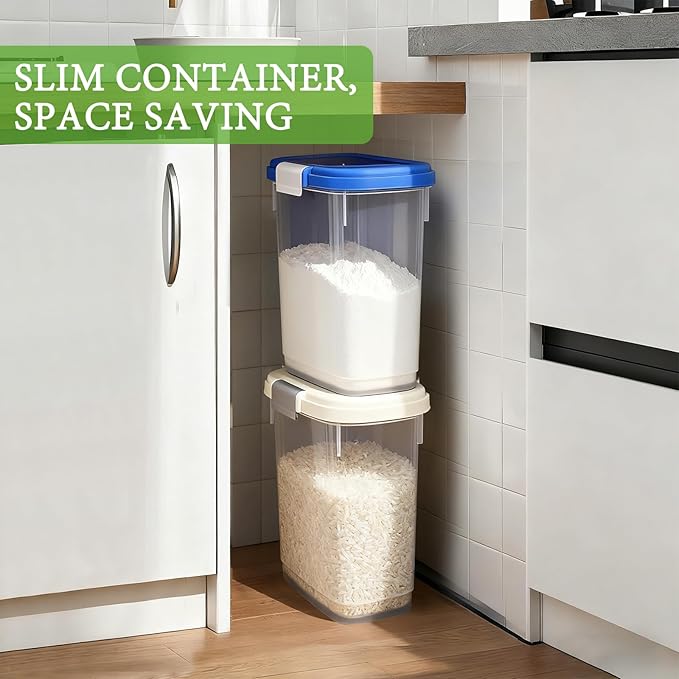 Large Rice Storage Container 15-20 Lbs, Tall Flour Container with Scoop + Cup - Slim Dry Food Storage Bin for Cereal, Sugar, Beans, Pet Dog Cat Food Container - Kitchen and Pantry Storage Organization