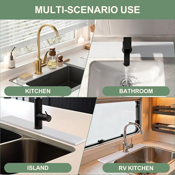Meiliweser Faucet Mat for Kitchen Sink, Diatomite Quick Drying Stone Mat & Sink Protector, 15.8" x 4" Kitchen Sink Splash Guard, Absorbing Stone Tray for Bathroom Counter (White)