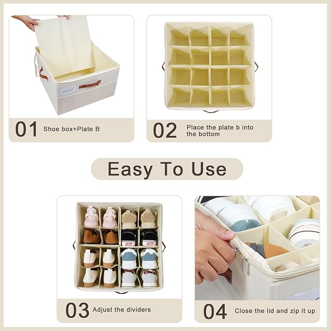 HOMICKER Shoe Organizer for Closet, Shoe Storage Box, Foldable Shoe Box with Adjustable Dividers and Clear Cover, Closet Shoe Organizer Fits up to 16 Pairs, 1-Pack, Extra Storage Pocket for Socks