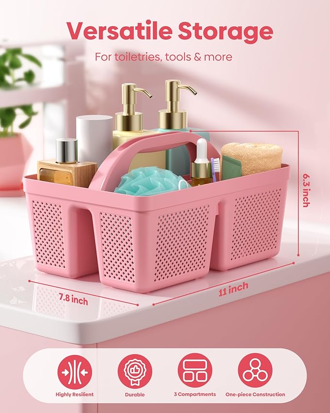 MLIKLU 4 Pack Portable Shower Caddy, Integrated Handle, Reinforced Plastic, Quick-Dry Ventilation Holes, Multi-purpose Storage Basket for Home, Dorm and Bathroom, Kitchen, Under Sink Storage, Pink