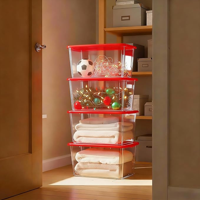 Storage Totes with Lids - Made in USA 14.5-Gallon (58-Quart) 4-Pack Clear Plastic Red Storage Bins Storage Containers Large Storage Boxes Organizer for Home, Office, and Garage Clear/Red