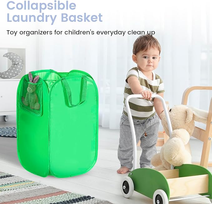 HOUSE AGAIN Upgraded Polyester Pop Up Laundry Hamper, Collapsible Laundry Baskets with Durable Handles Solid Bottom High Steel Frame and Side Pocket, Easy Open & Save space,Perfect for Storage(Green)