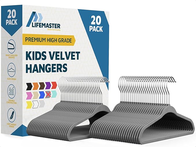 Gray Velvet Kids Hangers 20 Pack, 10.83" Non-Slip Baby & Toddler Hangers for Clothes, Space-Saving Slim ABS Plastic with 360° Swivel Hook & Notched Shoulders, Up to 10 lb Capacity