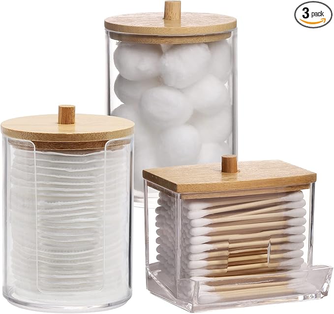 Tbestmax Bathroom Organizer Accessories Set-10 OZ Qtips Holder Storage with Bamboo Lids, Cotton Ball/Swabs Dispenser, Apothecary Container Jar 3 Pcs