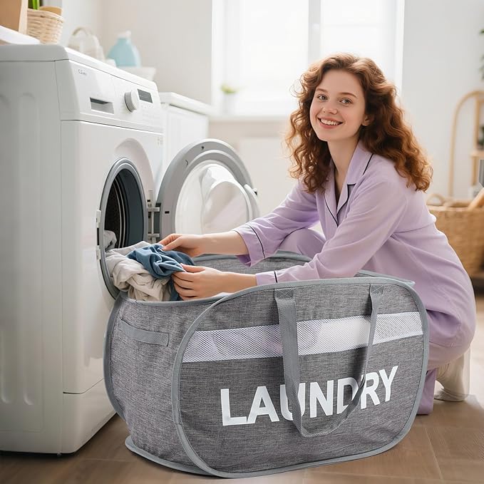 Collapsible Laundry Baskets, Foldable Clothes Hamper with Reinforced Handles, Sturdy Pop Up Hampers for Laundry, Tear Proof & Easy to Carry Laundry Hamper for Home, Apartment, Dorm, Travel Grey