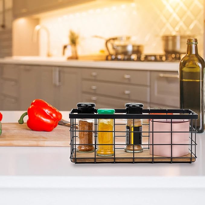 TIEYIPIN Farmhouse Decor Metal Wire Storage Baskets, Wood Base Containers Organizing Basket Caddy Bin for Kitchen Cabinets, Bathroom, Pantry, Garage, Laundry Room, Closets - Cream White (Set of 3)