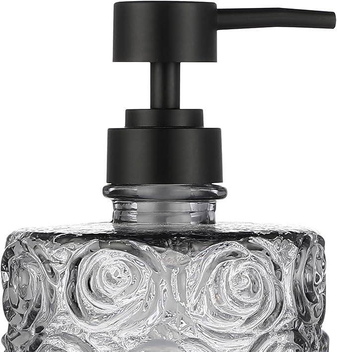 Marcella Glass Soap Dispenser with Soap Pump, Refillable 14 Ounce Capacity, Floral Design Rose Patterns, Heavy Weight Thick Glass for Bathroom, Premium Kitchen Soap Dispenser Gray