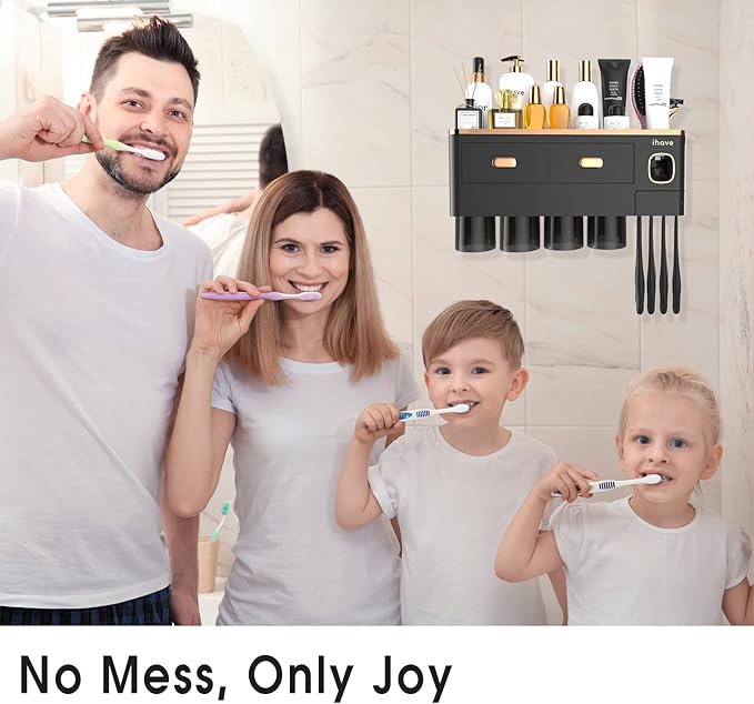 iHave Toothbrush Holders Wall Mounted with Toothpaste Dispenser & 4 Cups - Luxury Black and Gold Design for Bathroom Decor, All-in-One Bathroom Organizers & Storage for Toothbrushes and Accessories
