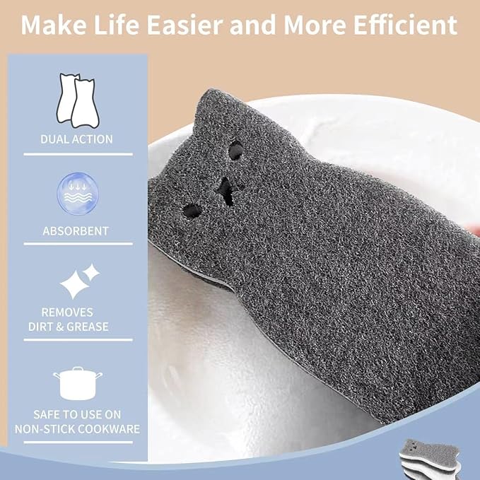 Kitchen Sponges Reusable, Cat Shape Dish Sponge for Washing Dishes, Non Scratch Sponges for Cleaning Dishwashing, Household Scrub Sponge Heavy Duty,4pack