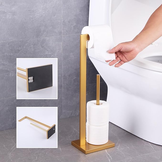 GERZWY Gold Toilet Paper Holder Free Standing with Reserve Stainless Steel Tissue Roll Holder Floor Stand Storage DZY004-BE