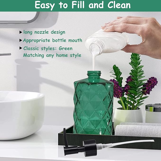 Green Bathroom Soap Dispenser Set with Black Plastic Pump, 12oz Glass Lotion Dispenser, Crystal Hand Soap Dispenser for Modern Home Decor, Kitchen Countertop, Hotel