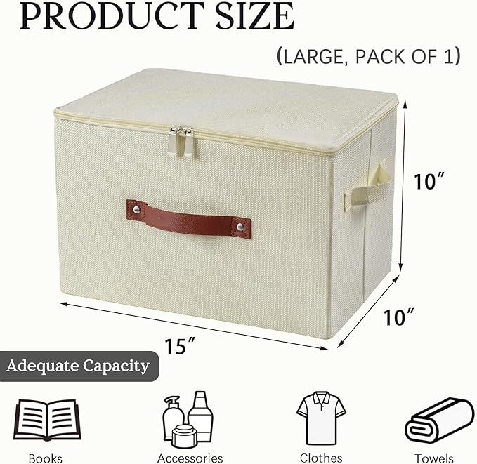 Storage Bins with Zipper Lid Foldable Fabric Lidded Storage Boxes Baskets Cubes Washable Collapsible PU Leather Handle Cotton Linen Fabric Shelf Closet Organizer Container(Beige, Large Size)