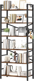 Homeiju 6 Tier Bookshelf, Industrial Bookcase with 8 Hooks, Vintage Storage Rack with Open Shelves, Rustic Standing Bookshelves Metal Frame Display Rack for Living Room, Bedroom, Rustic Brown