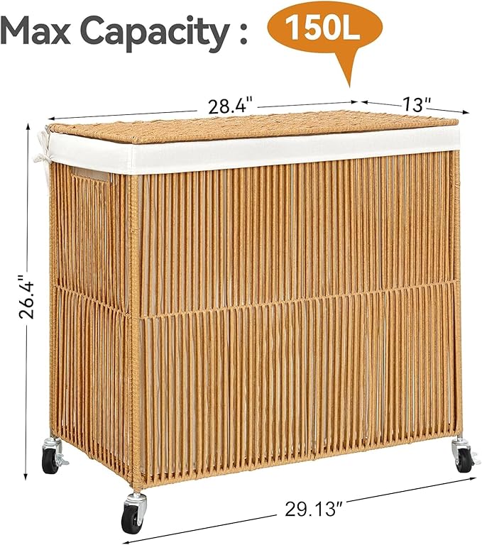 WOWLIVE Laundry Hamper with Wheels, 160L Handwoven Rolling Laundry Basket 3 Section with Lid, Clothes Hamper with Removable Liner Bags, Large Capacity Laundry Sorter Laundry Room Organization, Natural