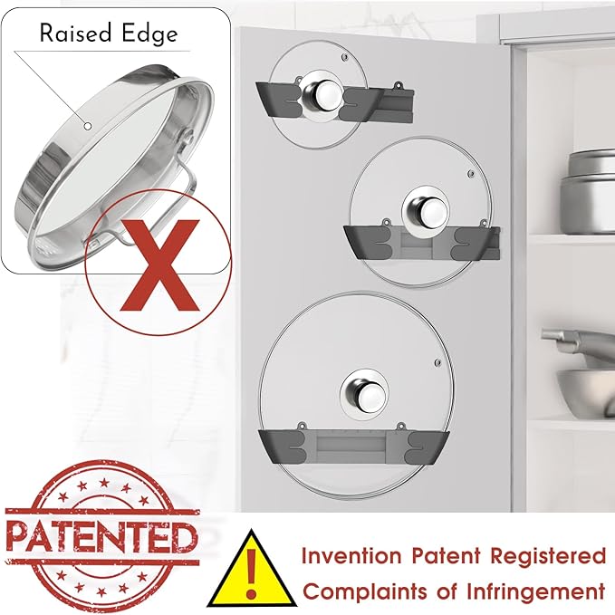 Adjustable Universal Pot Lid Holder Organizer for Cabinet - Upgraded Patented 6 Pack Pan Lids Organizers Inside Door Wall Mount Pots Top Rack for Kitchen Cupboard Fit 6" to 13" (Black)