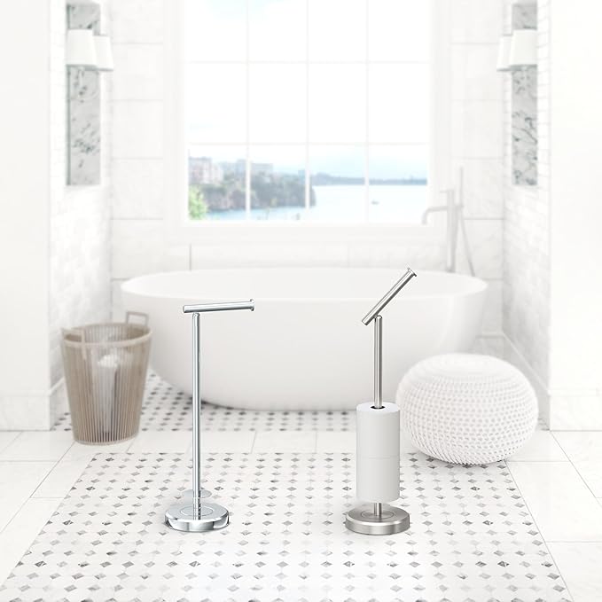 Gatco 1448C Latitude II Freestanding Toilet Paper Holder with Storage, Bathroom Tissue Stand, Chrome, 22.25" H, Holds 1–4 Reserve Rolls, Weighted Base