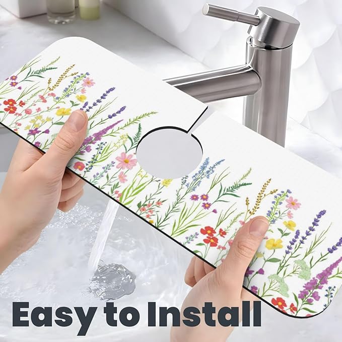 Wildflowers Floral Flower Kitchen Sink Splash Guard Faucet Mat Super Absorbent Fast Drying Mat Sink Gadgets-Fast Drying Pad Sink Mat For Kitchen Bathroom (15" X 5.5" )