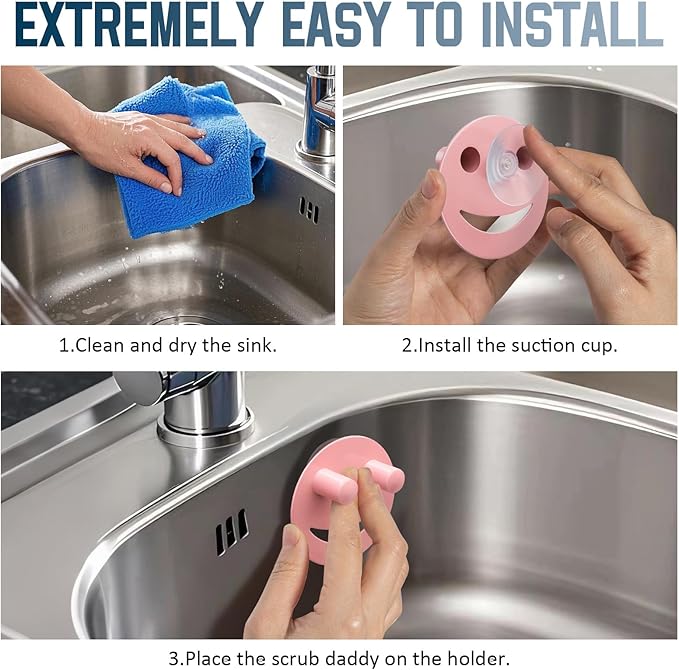 Stainless Steel Smiley Face Sponge Holder, Silver Sink Caddy Organizer Storage with Suction Cup for Kitchen, Kitchen Accessories Decor Scrubber-Pink