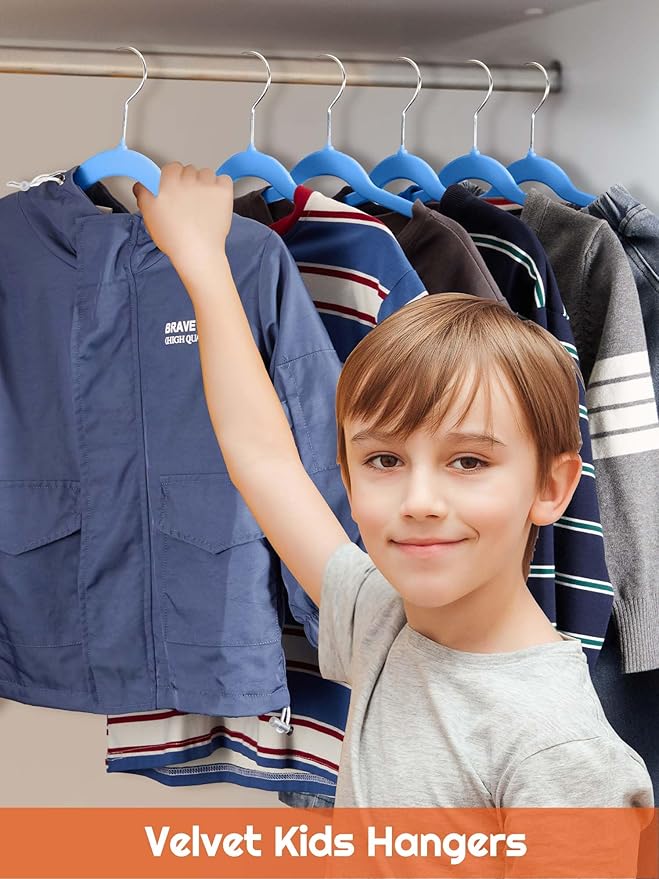 HOUSE DAY 14 Inch Kids Velvet Hangers 50 Pack, Durable Big Kids Hanger for Youth, Non Slip Kid Felt Hangers, Cute Childrens Hanger for Closet, Blue