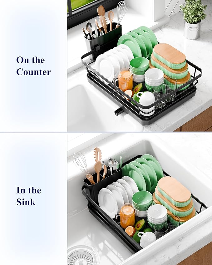 Kitsure Dish Drying Rack - Compact Dish Rack with Utensil Holder & Adjustable Water Outlet, Rust-Proof & Scratch-Resistant Drying Rack for Kitchen, 14.5" x 12.0" x 4.0", Black