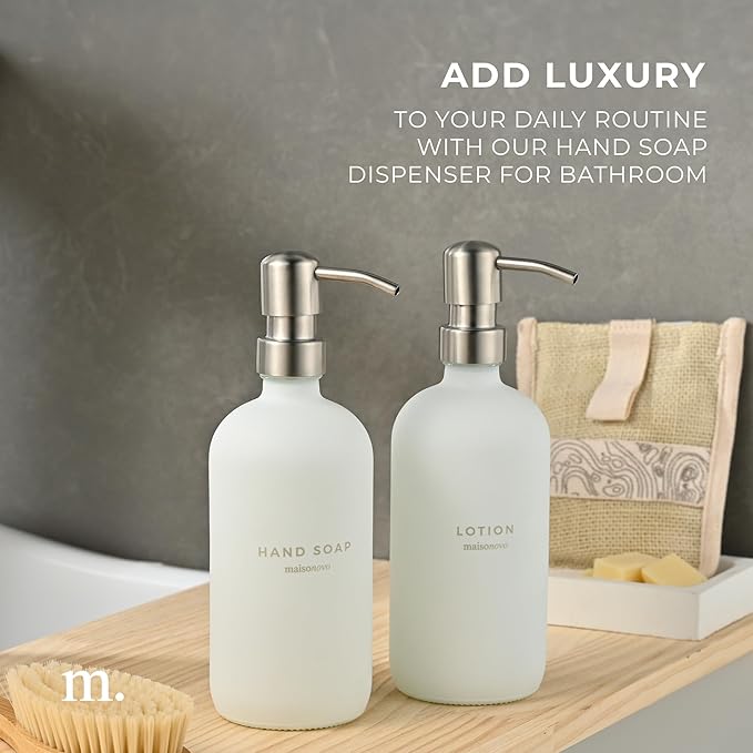 MaisoNovo Soap Dispenser 2-Piece Set | 16.9oz White Bottles with Silver Stainless Steel Pump Core