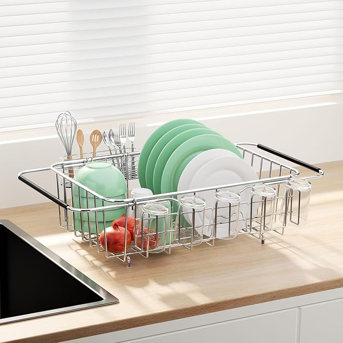 Small Dish Drying Rack in Sink, Extendable Stainless Steel Dish Drainers for Kitchen Counter, Anti-Rust Dish Dryer Rack with Utensil & Cup Holders, for Inside Sink, Over The Sink(for 1-2 People)