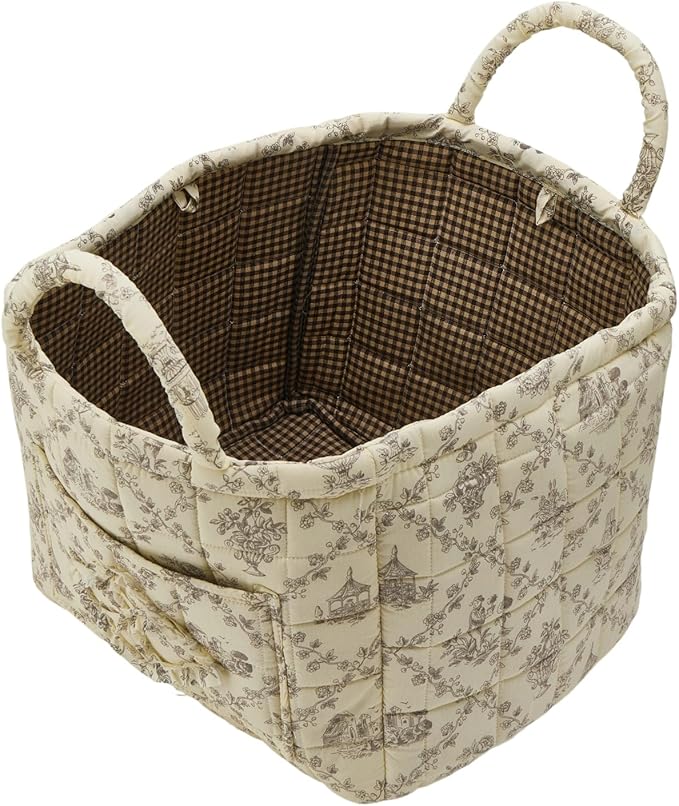 Quilted Fabric Storage Basket with Handles & Pocket, Foldable Laundry Hamper Boho Floral Print Organizer Bin for Home, Picnic, Office 12"x10"x10" (B-1)