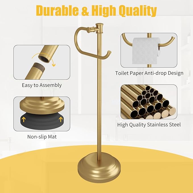 BESy Toilet Paper Holder Free Standing Bathroom Toilet Tissue Holder Stand for Floor Toilet Paper Roll Holder with Storage Hardware Accessories Rack Hand Towel Bar Brushed Gold Stainless Steel