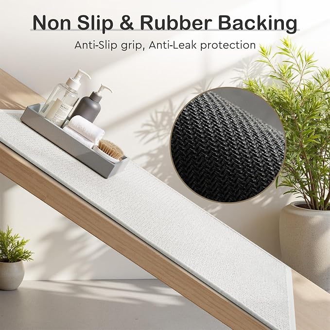 MontVoo Bathroom Runner Rugs,Chenille Absorbent Bath Mat Runner Quick Dry Rubber Backed Bath Runners Non Slip Washable Long Bathroom Rugs,Ultra Thin Bath Rugs Fit Under Door,17"x59",White