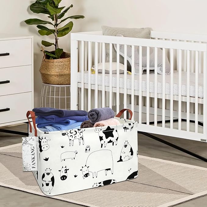 FANKANG Storage Basket,Nursery Hamper Canvas Laundry Basket Foldable with Waterproof PE Coating Storage, Office, Bedroom, Clothes,Toys(L, Rec-cows)
