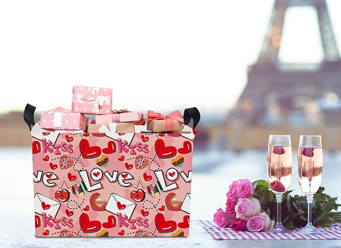 Rectangular Heart Print Storage Basket Empty,Collapsible Gift Basket with Handles,Books Box,Room Decor(Love Letter)