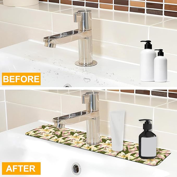2 Pack Vintage Flowers Leaves Sink Faucet Absorbing Mat Colorful Llilies Super Absorbent Fast Drying Mat Sink Gadgets Behind Faucet Sinkmat for Kitchen Bathroom, 23.5"x5.5"
