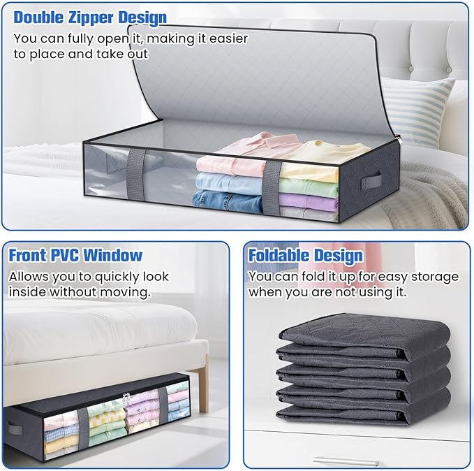 Under Bed Storage Containers, 2 Pack Blanket Storage Bags, Collapsible Storage Bags with Big Zippers, Clear Front, Shoe Storage and Organization for Clothes, Comforter, 75L, Grey