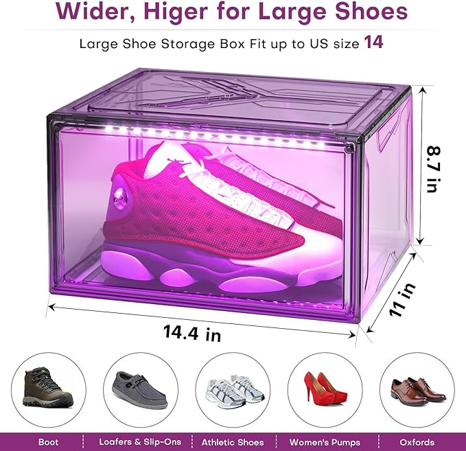 Shoe Storage Organizer for Closet, Foldable Shoe Boxes Rack 2 pack, Clear Plastic Stackable Containers Bins Holder, Magnetic Sneaker Shelf for Sneakerheads with LED Lights Grey
