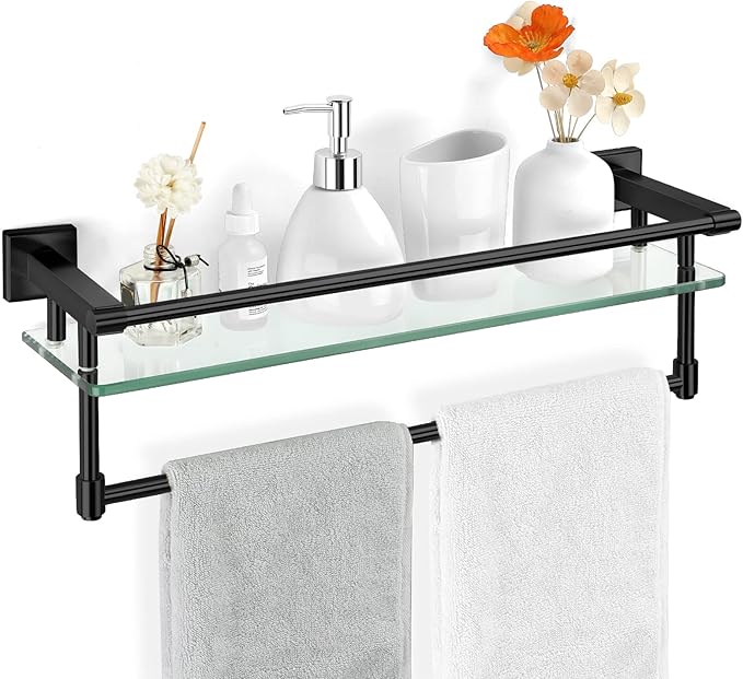 SFGSOWOR 20-inch Glass Shelf with Towel bar, Matte Black-Finished Rail, Rectangular Stainless Steel Shelf, Wall-Mounted Storage Rack