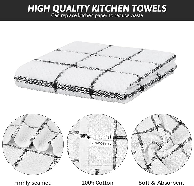 Nialnant 8 Pack Kitchen Dish Rags,100% Cotton Dish Cloths for Washing Dishes,Quick Drying Kitchen Towels,12x12 Inches,Black Plaid