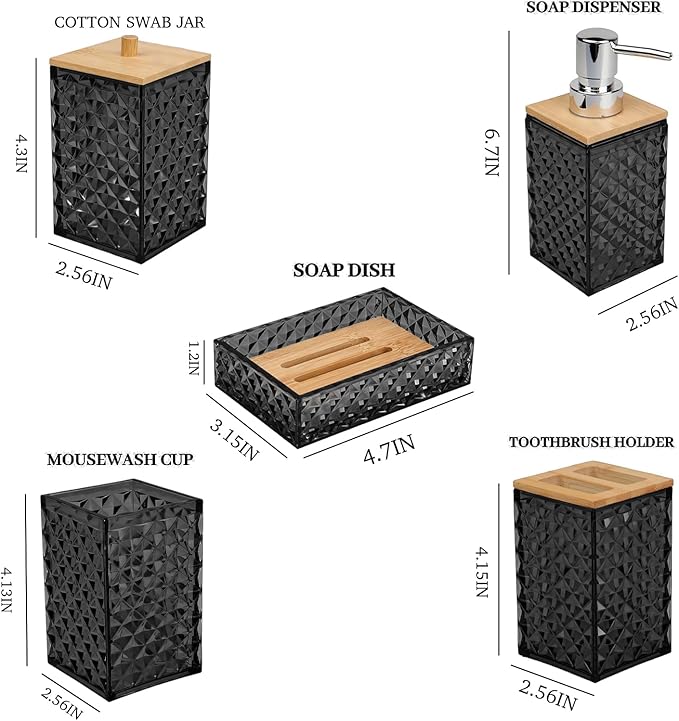 Bathroom Accessory Set,6 Pcs Black Bathroom Set Include Soap Dispenser, Qtip Holder Dispenser, Soap Dish,Toothbrush Holder & Mouthwash Cup.Boho Bathroom Set