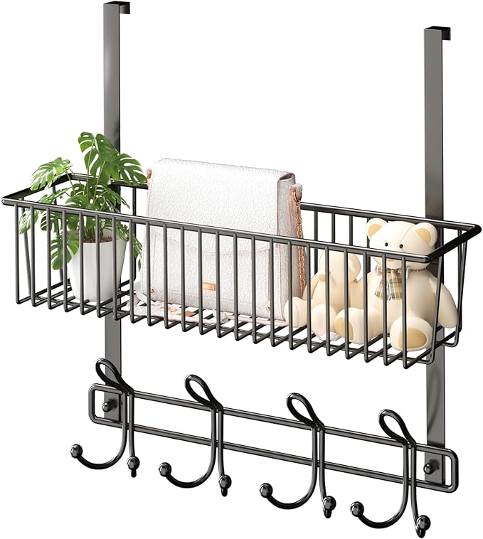 Kaiferty Over The Door Hooks Organizer,Door Hanger Door Storage with Basket,Over The Door Towel Rack Coat Hooks with 12 Hooks,for Bathroom,Bedroom,Kitchen,Office,Apartment(Black)